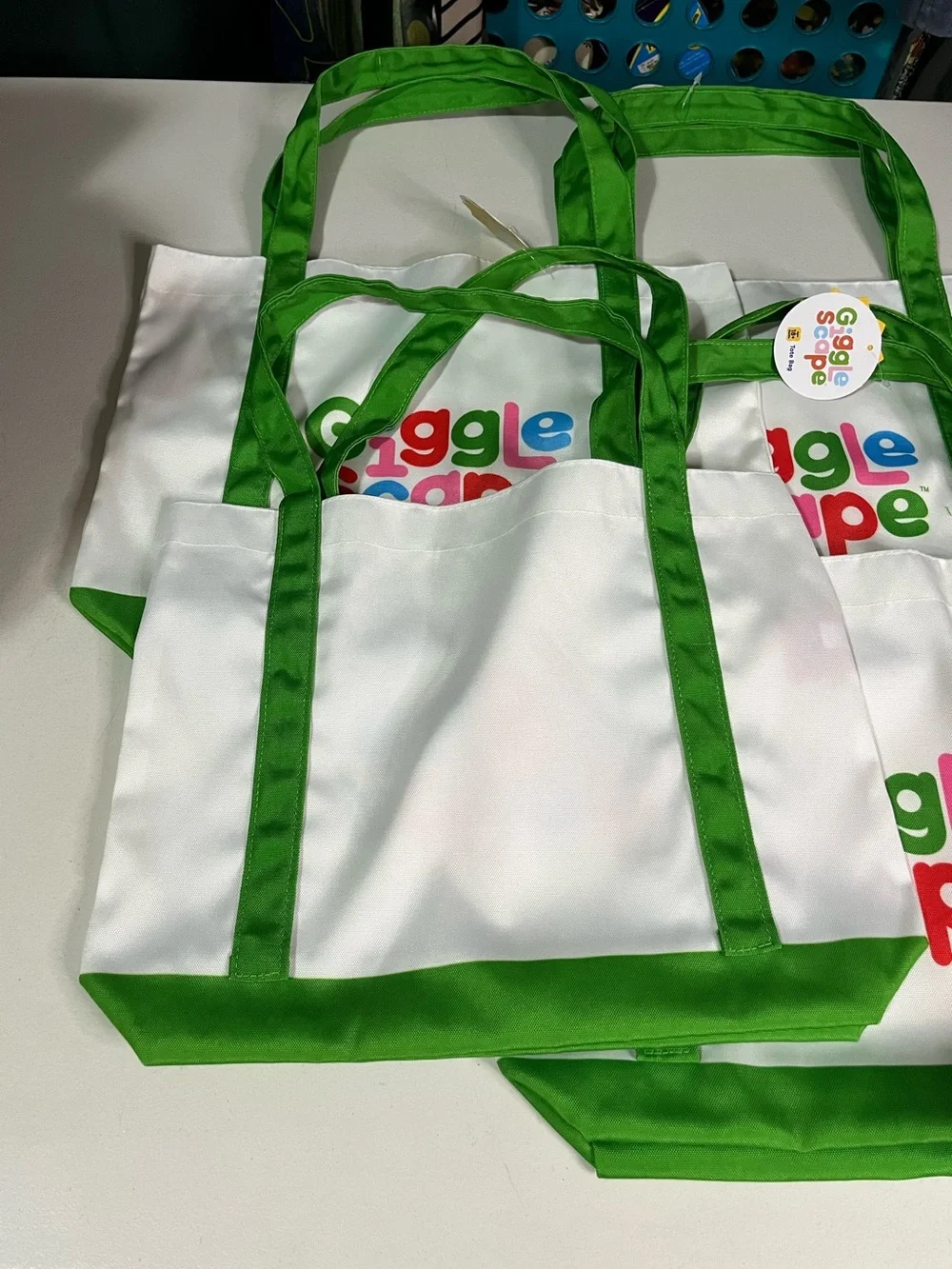 Gigglescape Logo Tote Bag - bundle of 4 White with Green Trim